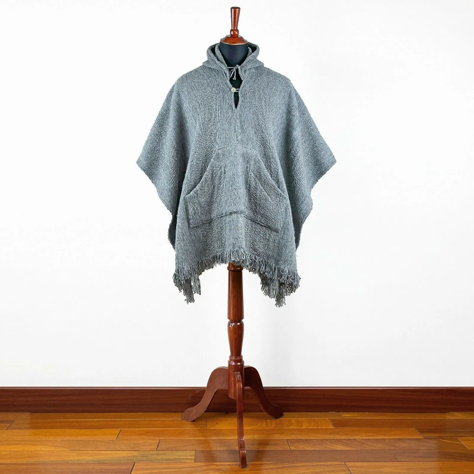 Llama Wool Unisex Handwoven Hooded Poncho - wavy striped gray pattern - pocket