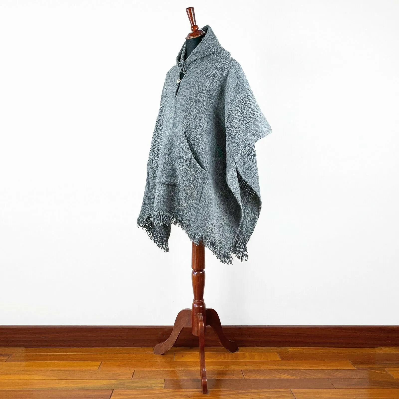 Llama Wool Unisex Handwoven Hooded Poncho - wavy striped gray pattern - pocket