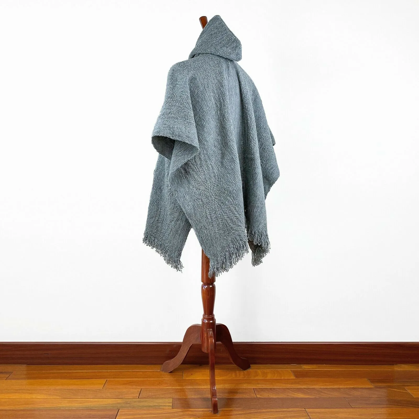 Llama Wool Unisex Handwoven Hooded Poncho - wavy striped gray pattern - pocket