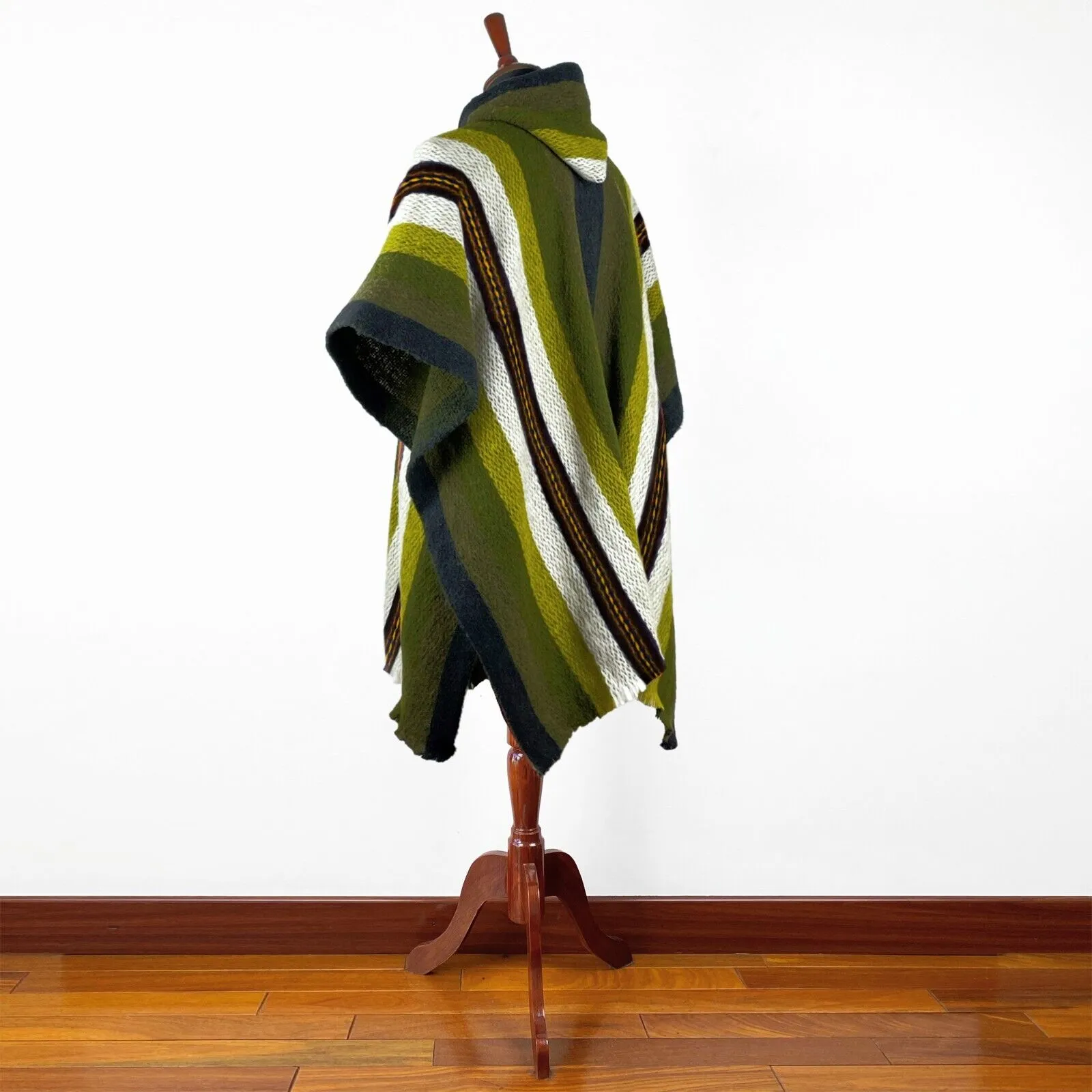 Llama Wool Unisex South American Handwoven Hooded Poncho - thick stripes - green-khaki-pistachio