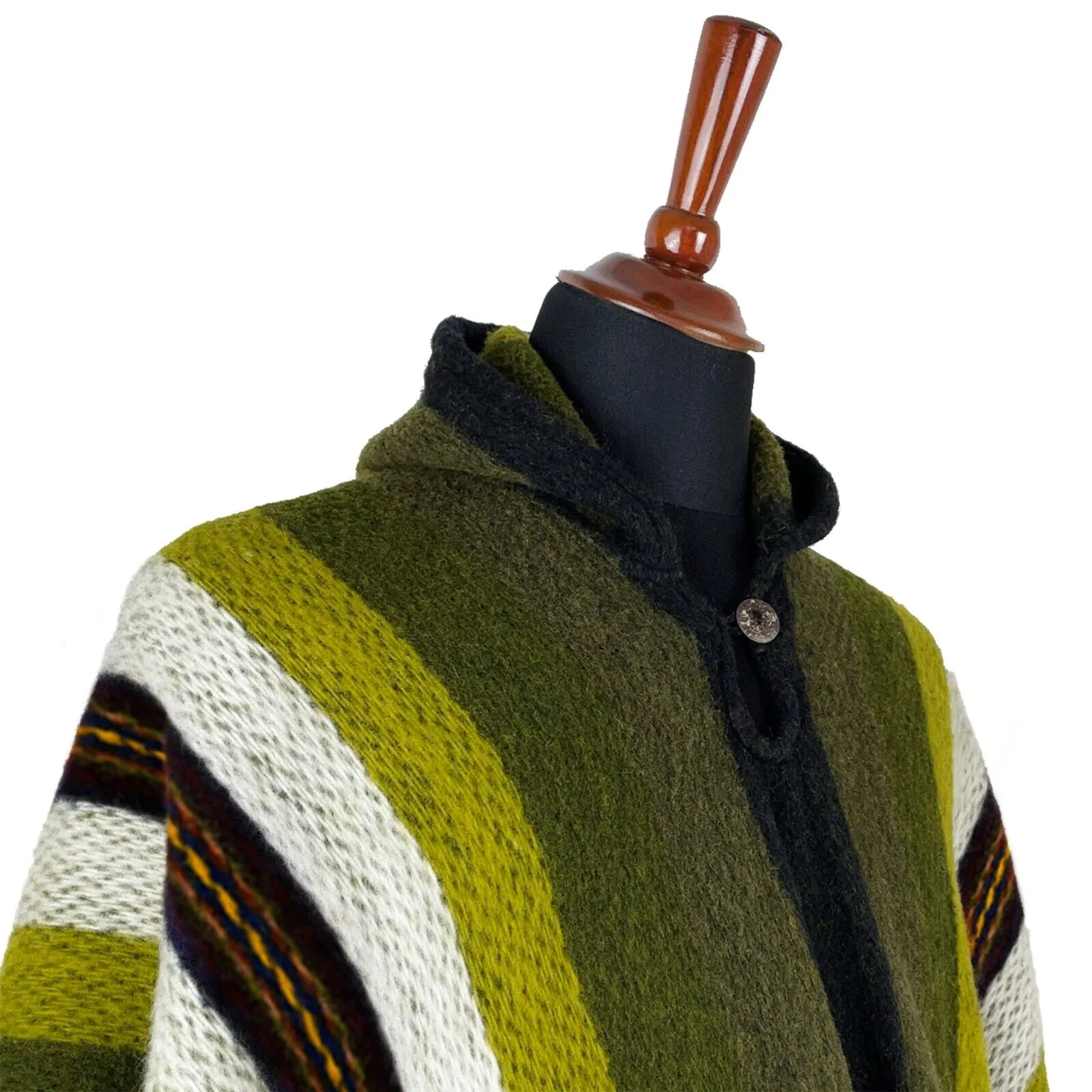 Llama Wool Unisex South American Handwoven Hooded Poncho - thick stripes - green-khaki-pistachio