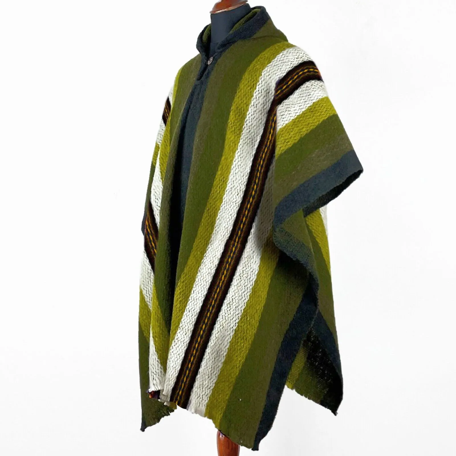 Llama Wool Unisex South American Handwoven Hooded Poncho - thick stripes - green-khaki-pistachio