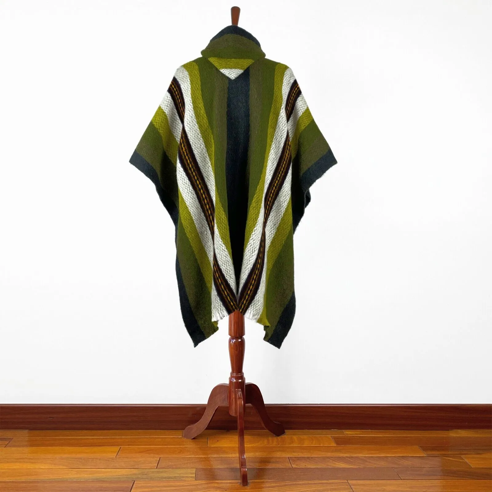 Llama Wool Unisex South American Handwoven Hooded Poncho - thick stripes - green-khaki-pistachio