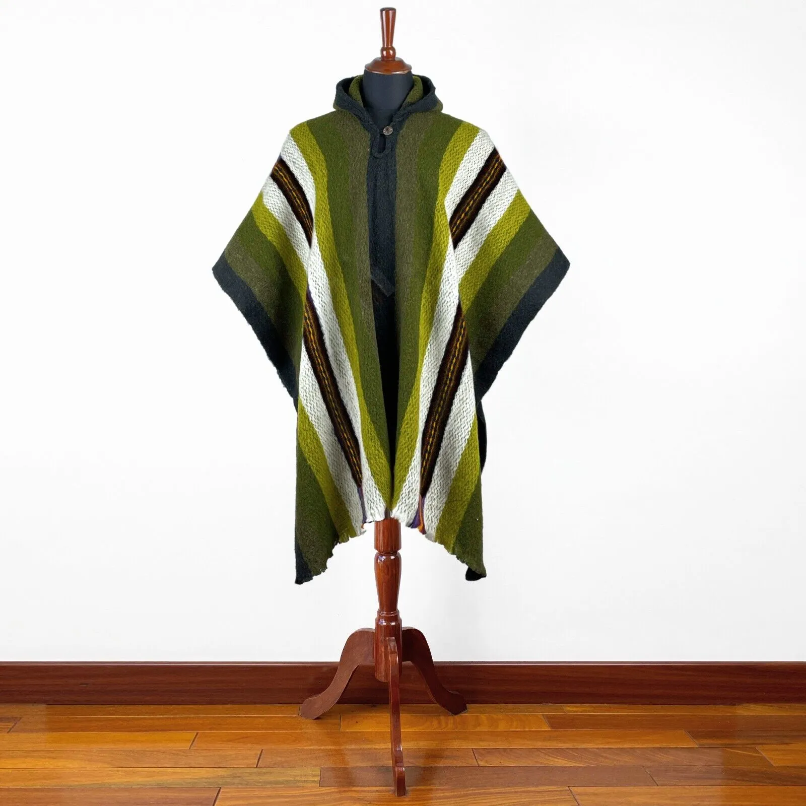 Llama Wool Unisex South American Handwoven Hooded Poncho - thick stripes - green-khaki-pistachio