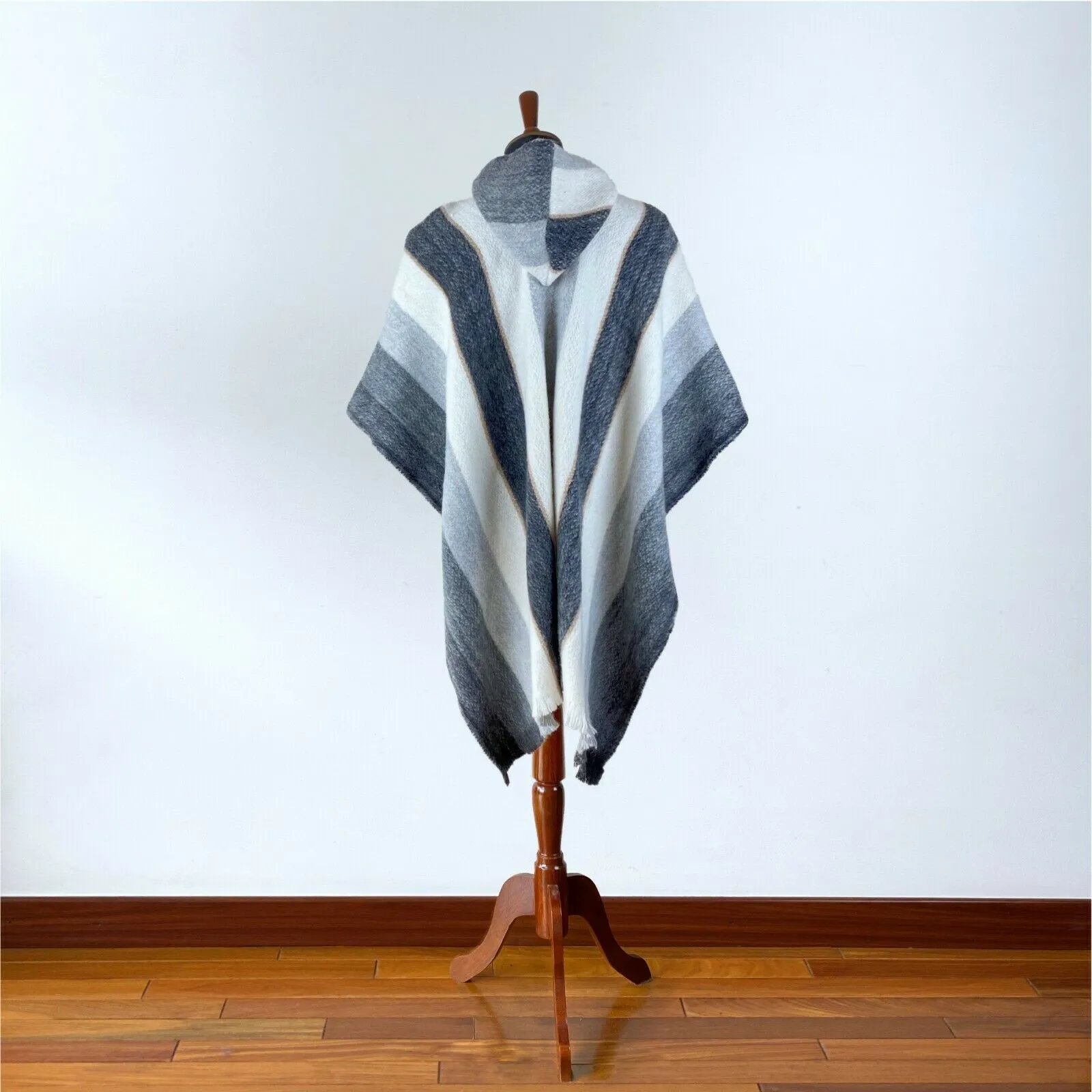 Llama Wool Unisex South American Handwoven Poncho - striped pattern white/gray/black