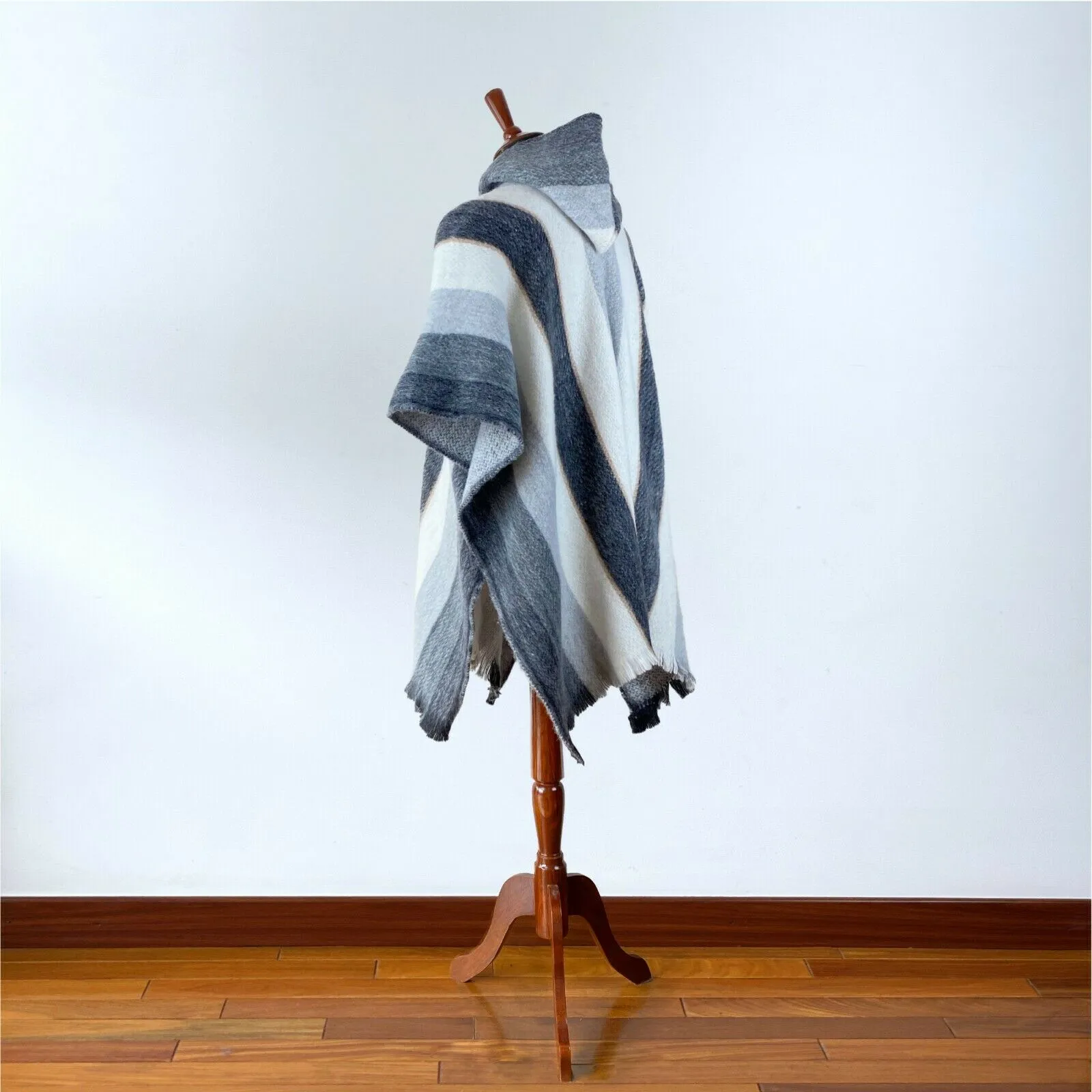 Llama Wool Unisex South American Handwoven Poncho - striped pattern white/gray/black