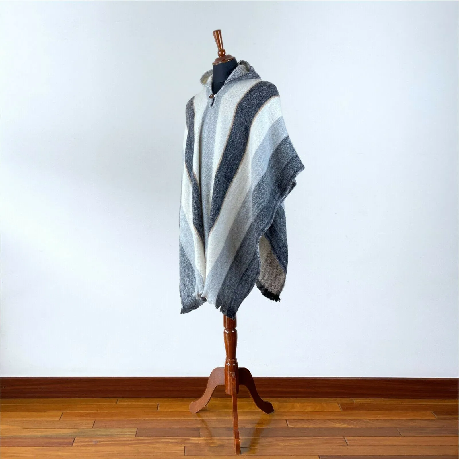 Llama Wool Unisex South American Handwoven Poncho - striped pattern white/gray/black