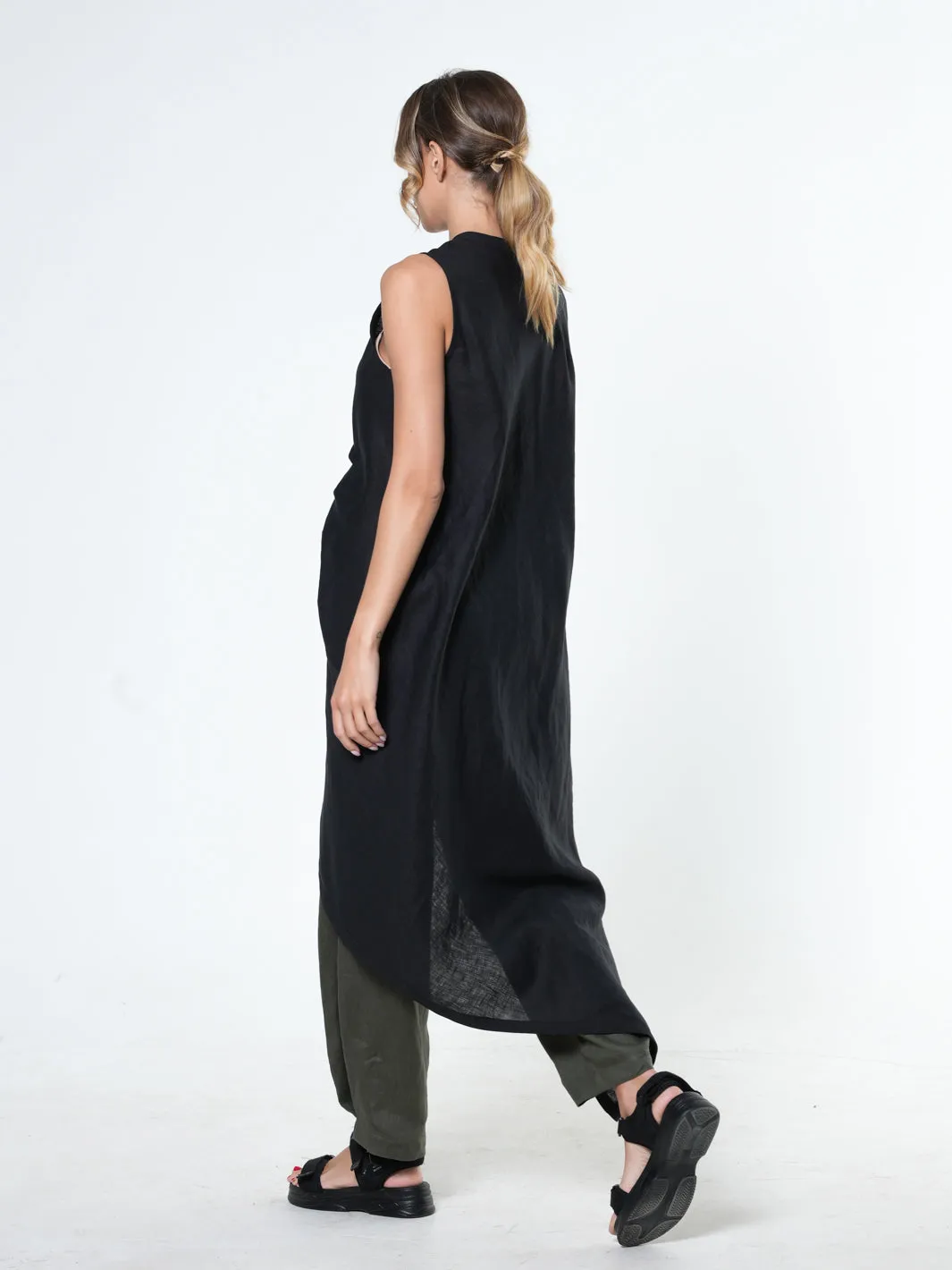 Long Linen Tunic Top In Black