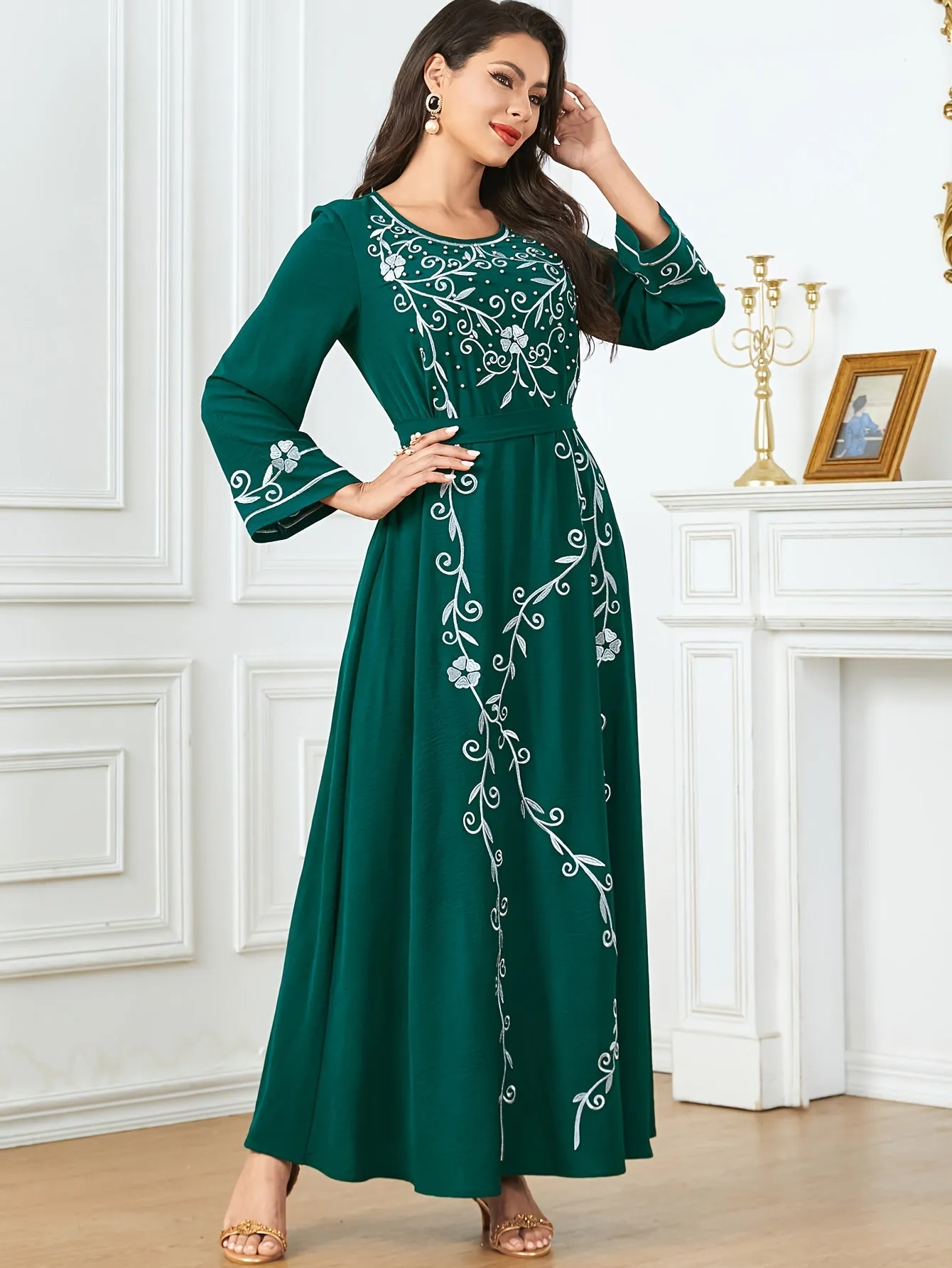 Long Sleeve Elegant Crew Neck Kaftan Dress - Exquisite Embroidery, Cinched Waist, Ankle Length, Polyester Fabric, Machine Washable, Solid Color - Perfect for All Seasons