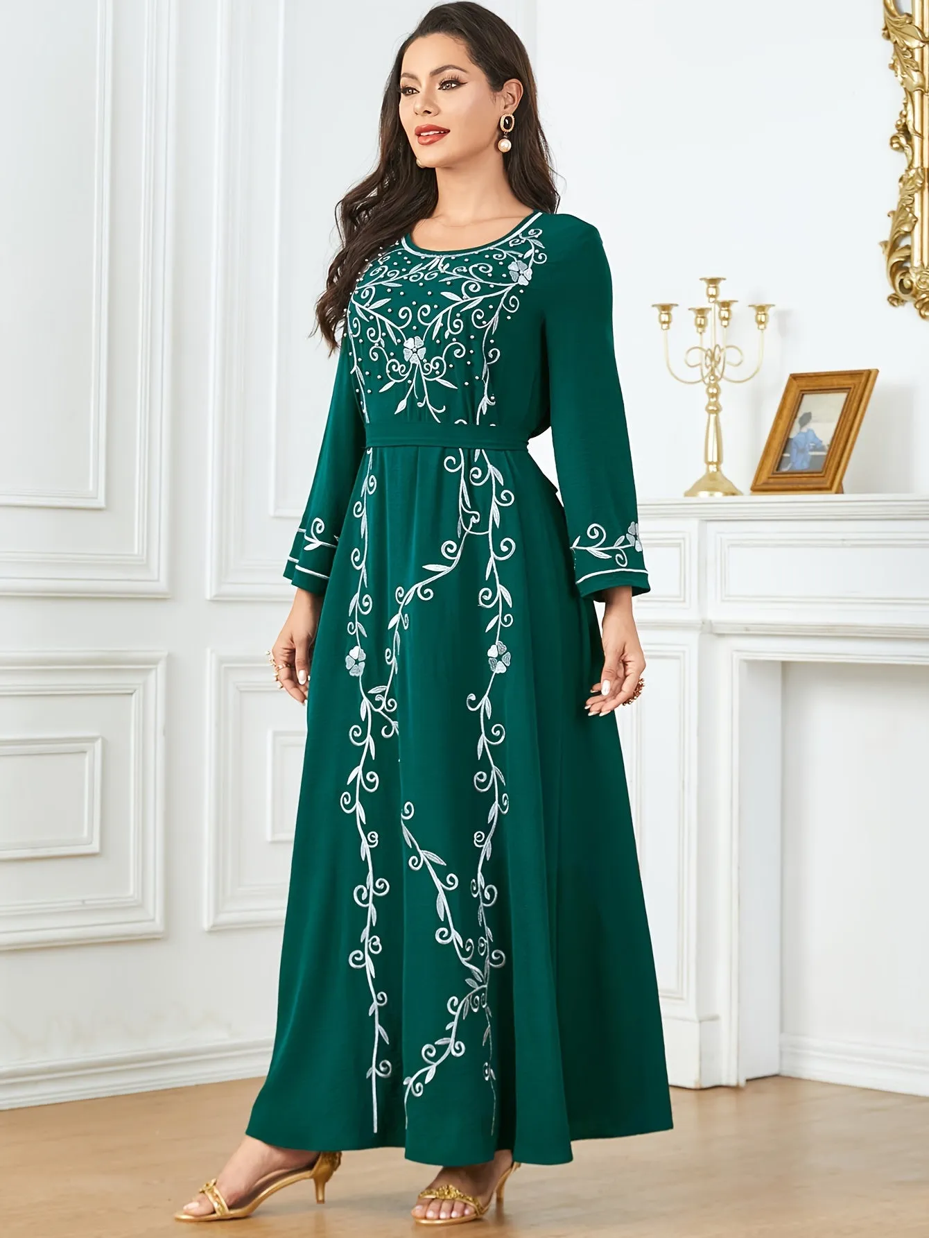 Long Sleeve Elegant Crew Neck Kaftan Dress - Exquisite Embroidery, Cinched Waist, Ankle Length, Polyester Fabric, Machine Washable, Solid Color - Perfect for All Seasons