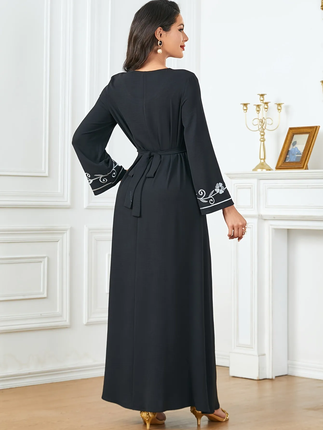 Long Sleeve Elegant Crew Neck Kaftan Dress - Exquisite Embroidery, Cinched Waist, Ankle Length, Polyester Fabric, Machine Washable, Solid Color - Perfect for All Seasons