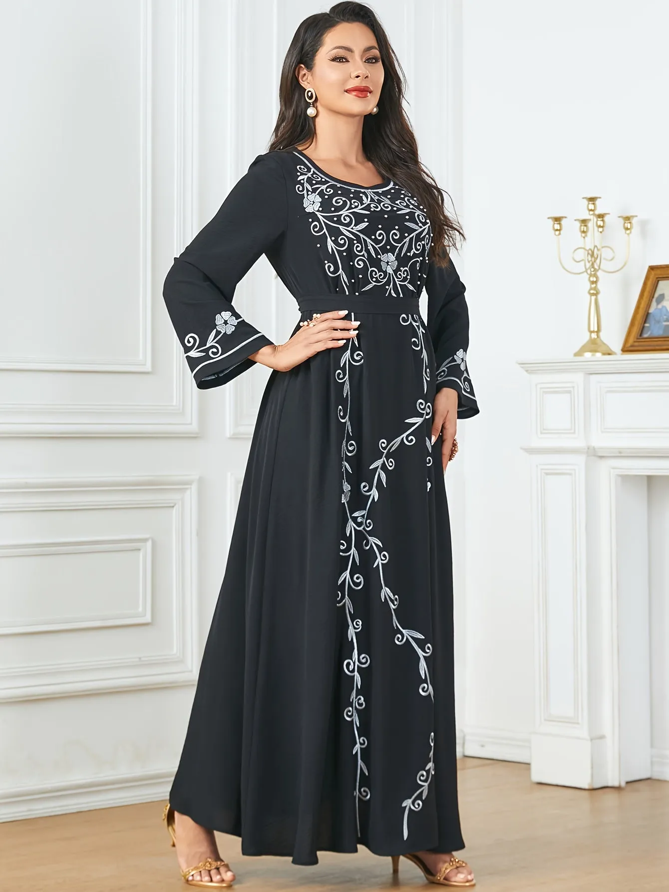 Long Sleeve Elegant Crew Neck Kaftan Dress - Exquisite Embroidery, Cinched Waist, Ankle Length, Polyester Fabric, Machine Washable, Solid Color - Perfect for All Seasons