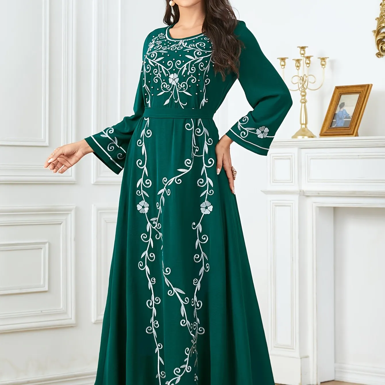 Long Sleeve Elegant Crew Neck Kaftan Dress - Exquisite Embroidery, Cinched Waist, Ankle Length, Polyester Fabric, Machine Washable, Solid Color - Perfect for All Seasons