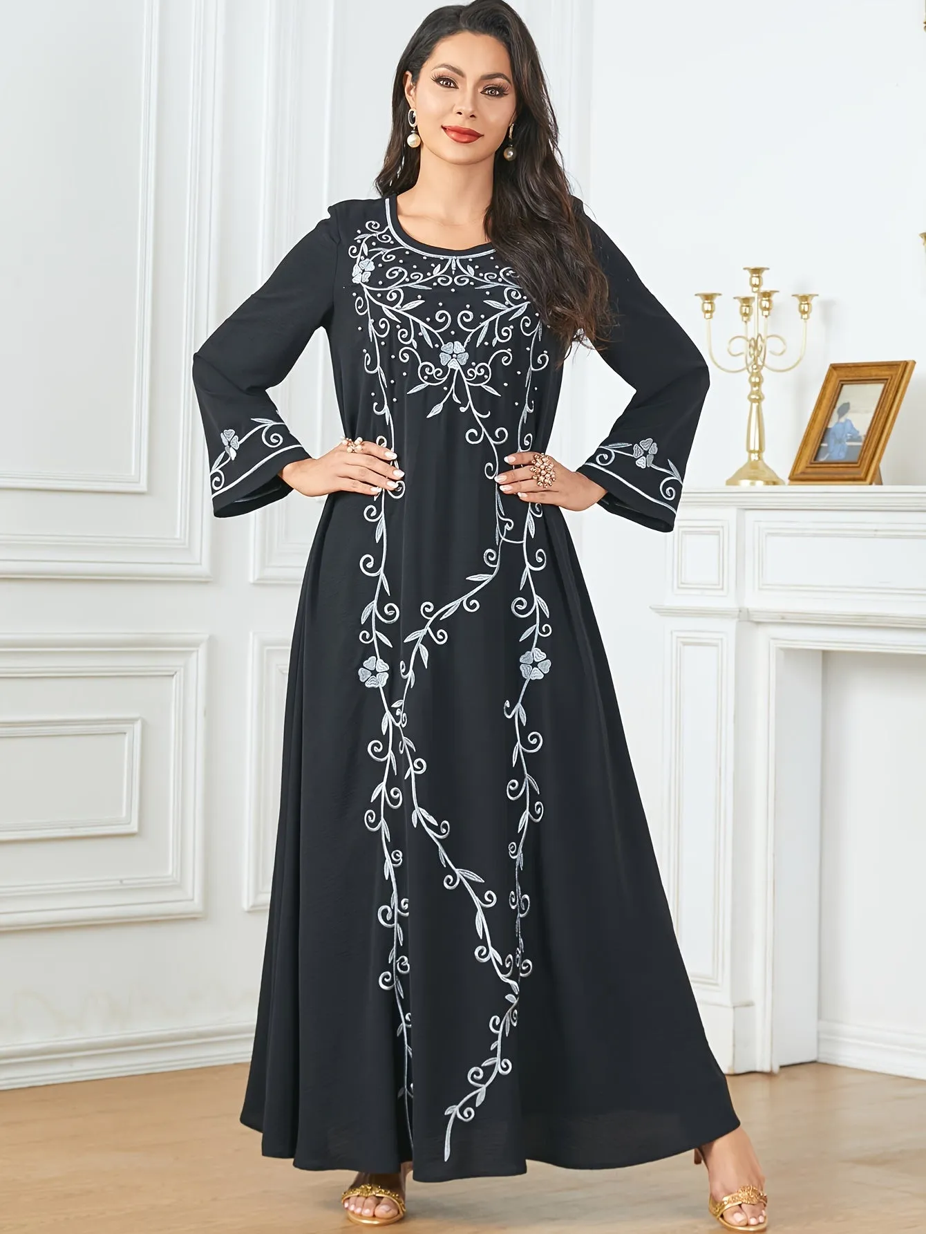 Long Sleeve Elegant Crew Neck Kaftan Dress - Exquisite Embroidery, Cinched Waist, Ankle Length, Polyester Fabric, Machine Washable, Solid Color - Perfect for All Seasons