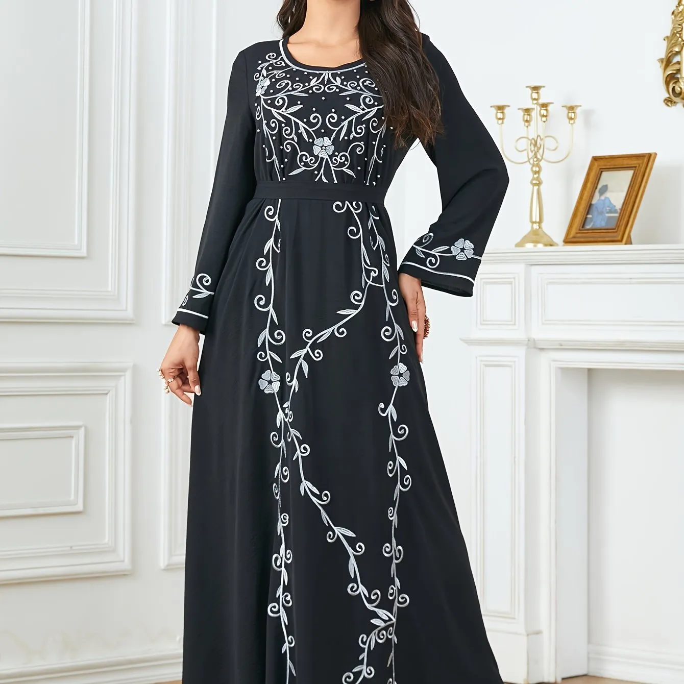 Long Sleeve Elegant Crew Neck Kaftan Dress - Exquisite Embroidery, Cinched Waist, Ankle Length, Polyester Fabric, Machine Washable, Solid Color - Perfect for All Seasons