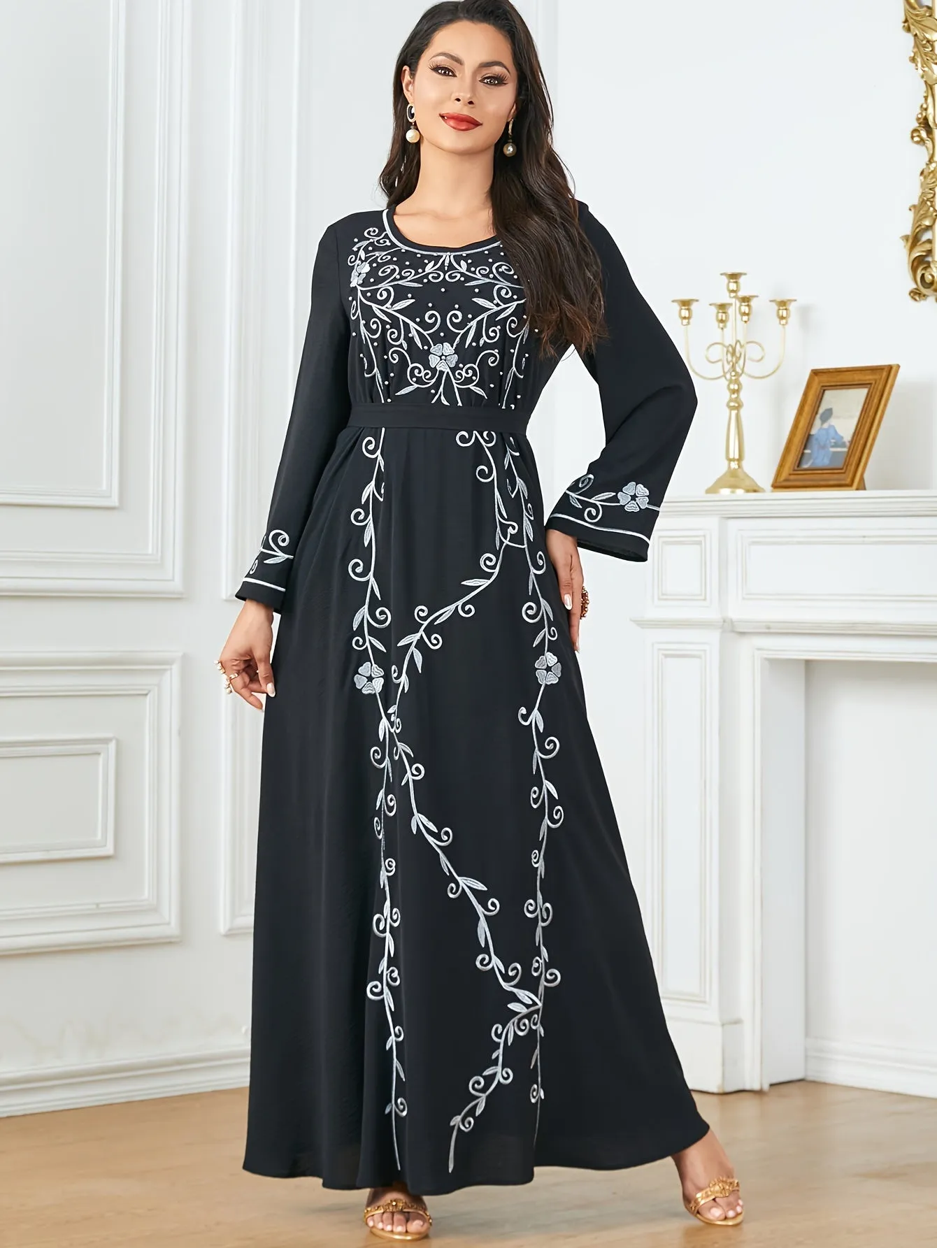 Long Sleeve Elegant Crew Neck Kaftan Dress - Exquisite Embroidery, Cinched Waist, Ankle Length, Polyester Fabric, Machine Washable, Solid Color - Perfect for All Seasons