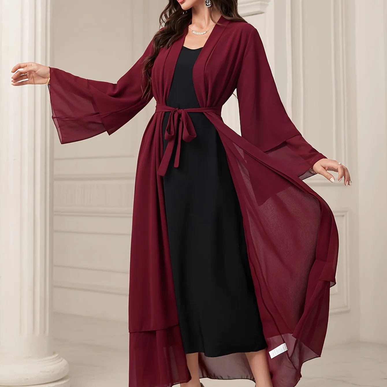 Long Sleeve Elegant Modest Cover Up Dress - Semi-Sheer, Solid Color, Polyester, Loose Fit, Middle East Style, Woven, No Elasticity, Perfect for All Seasons