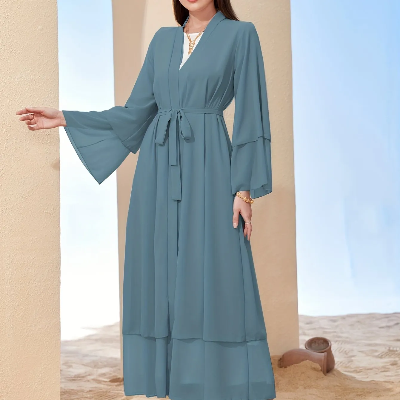 Long Sleeve Elegant Modest Cover Up Dress - Semi-Sheer, Solid Color, Polyester, Loose Fit, Middle East Style, Woven, No Elasticity, Perfect for All Seasons