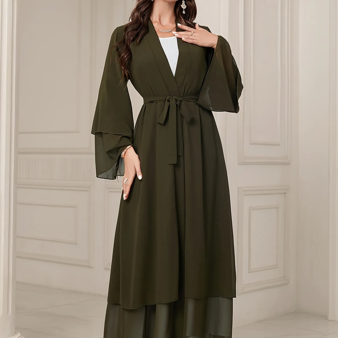 Long Sleeve Elegant Modest Cover Up Dress - Semi-Sheer, Solid Color, Polyester, Loose Fit, Middle East Style, Woven, No Elasticity, Perfect for All Seasons