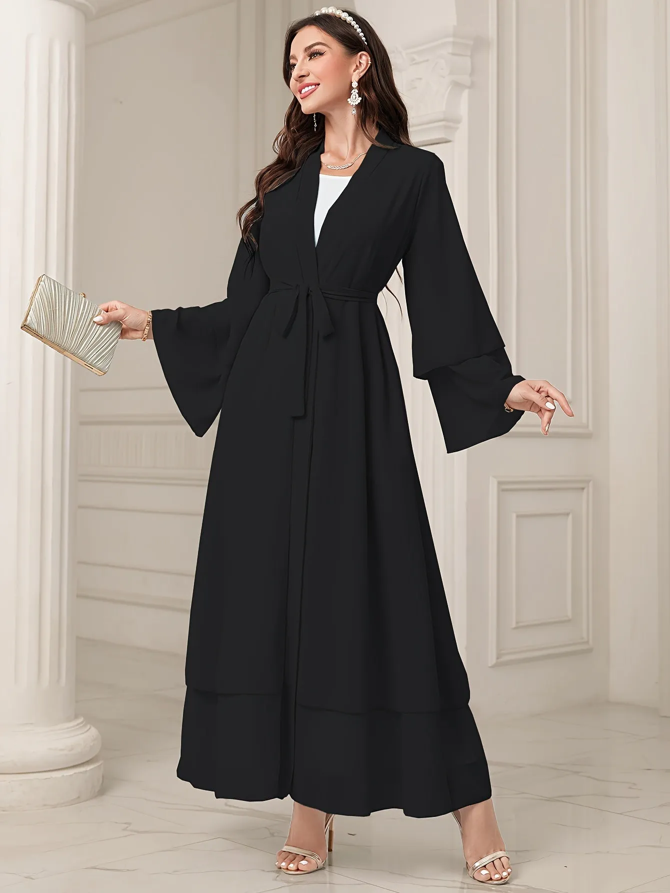 Long Sleeve Elegant Modest Cover Up Dress - Semi-Sheer, Solid Color, Polyester, Loose Fit, Middle East Style, Woven, No Elasticity, Perfect for All Seasons