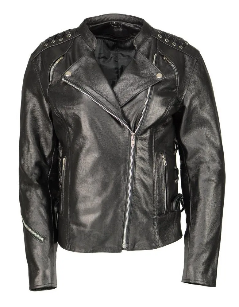 M Boss Motorcycle Apparel BOS22503 Women's Black Armored Motorcycle Leather Jacket with Back Lacing Detail