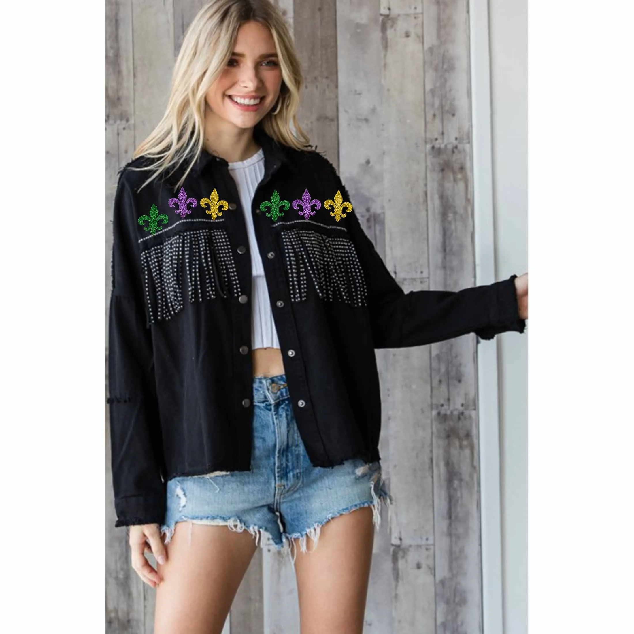 Mardi Gras jeans jacket /Fleur De Lis jeans jacket/ Rhinestone Fringe Trim Jacke