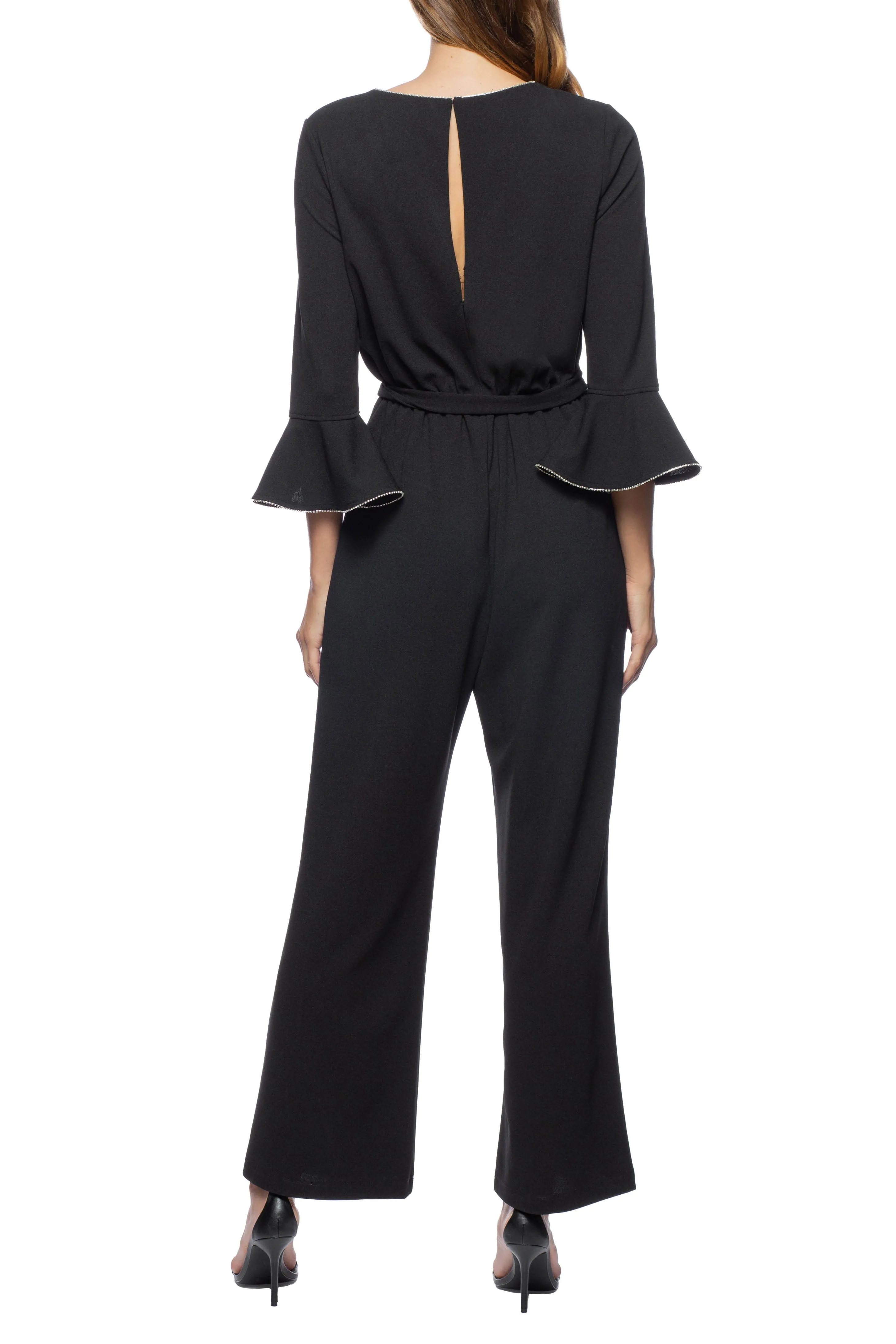 Marina embellished boat neck circular sleeve tie waist zipper back stretch crepe jumpsuit