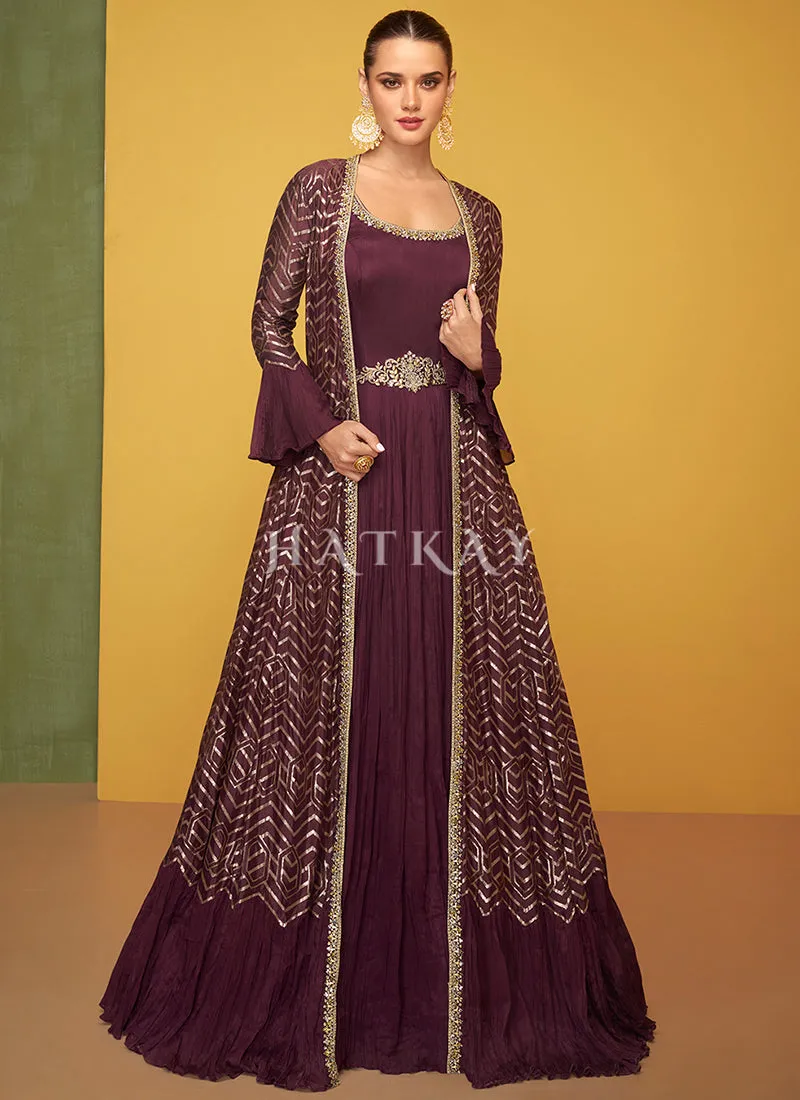 Maroon Embroidery Jacket Style Anarkali Gown