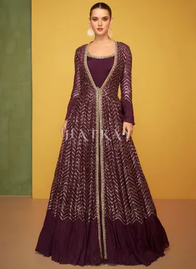 Maroon Embroidery Jacket Style Anarkali Gown