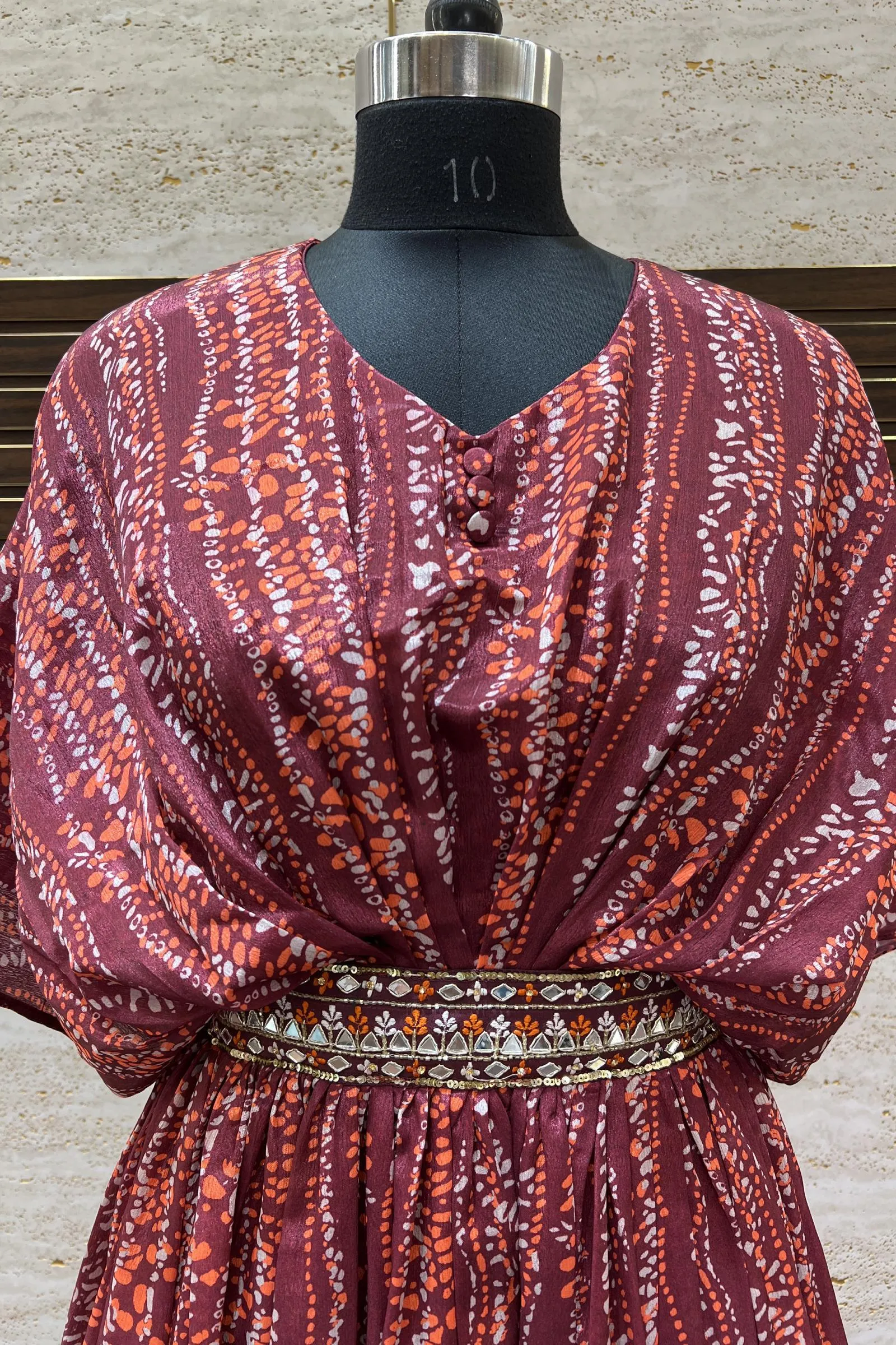 Maroon Sequins, Thread and Beads work with Printed Poncho Style Anarkali Gown