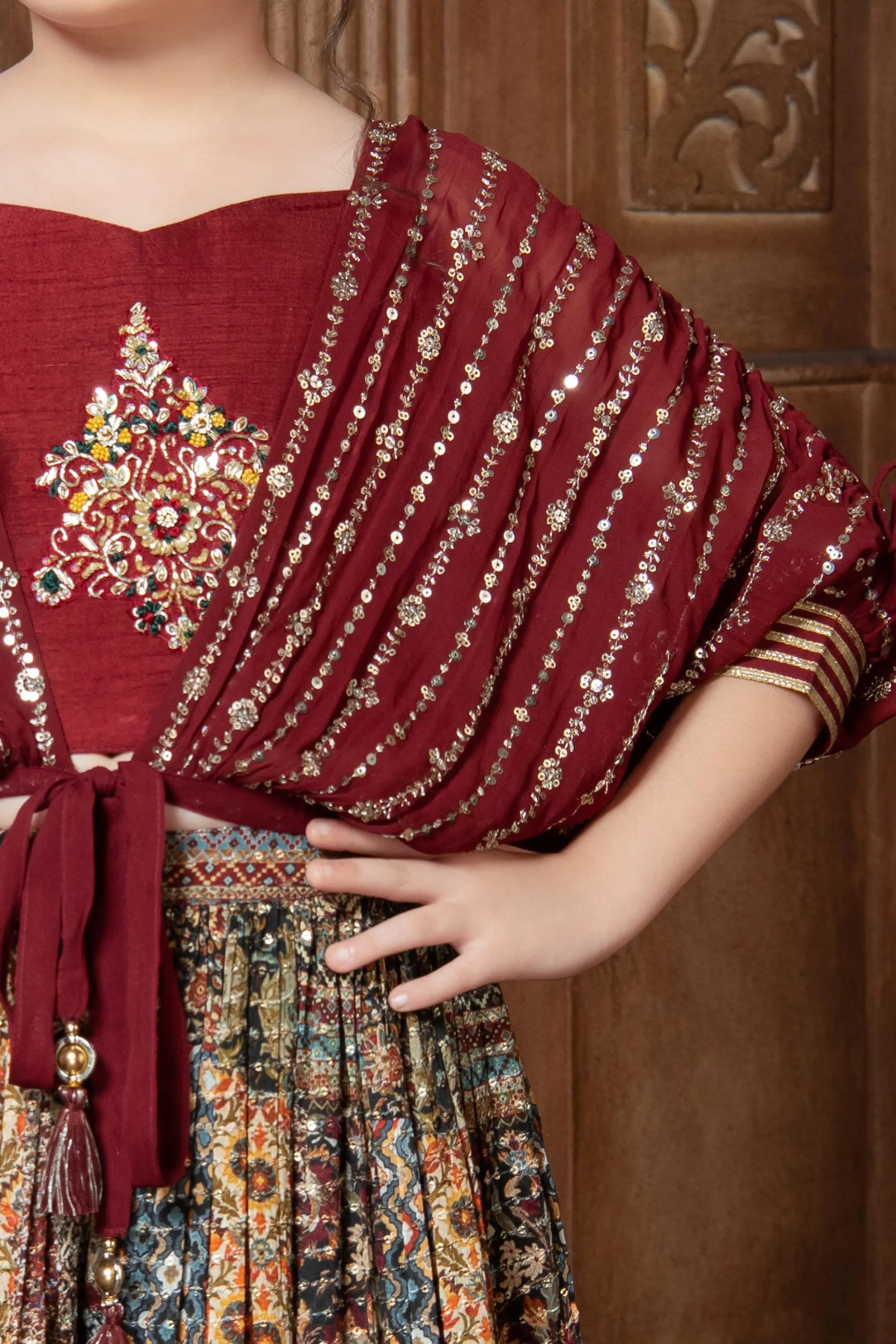 Maroon with Multicolor Digital Print Poncho Styled Palazzo Set for Girls