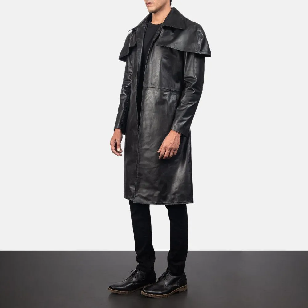 Mens Classic Black Leather Duster