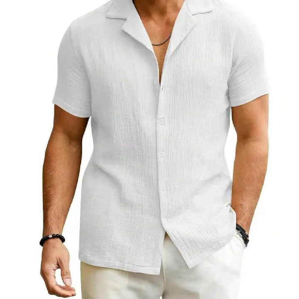 Men's Daily Casual Short Sleeve Cardigan Shirt Men's Solid Color Summer Lapels Shirt