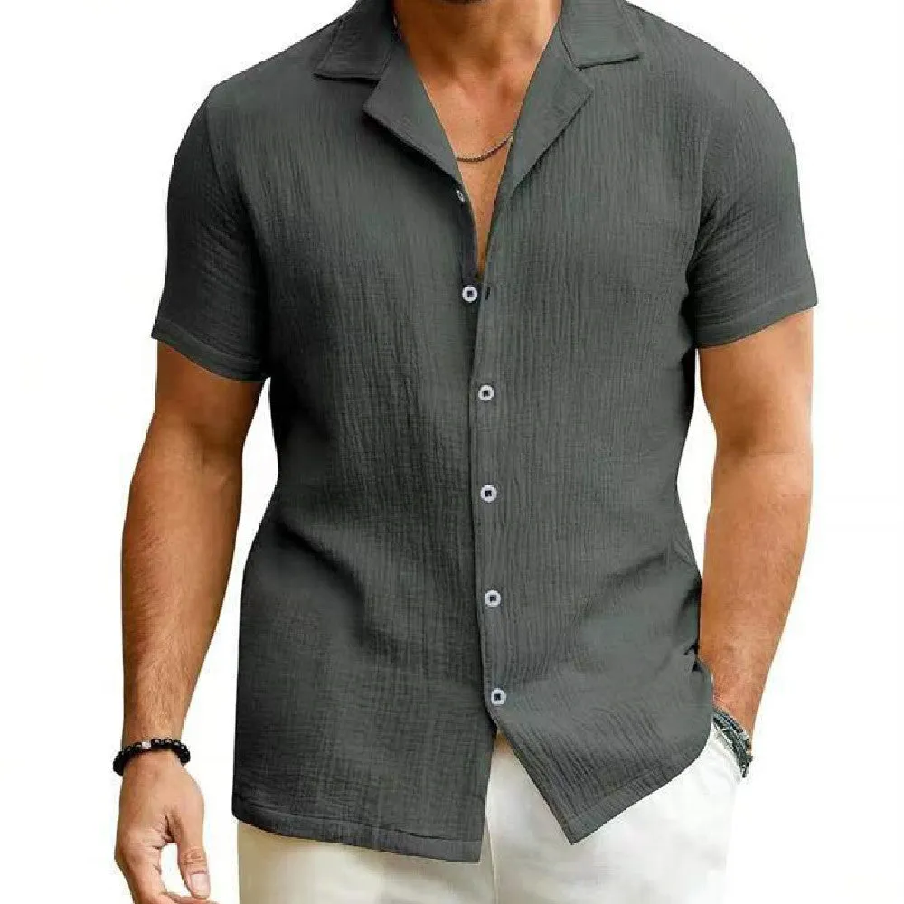 Men's Daily Casual Short Sleeve Cardigan Shirt Men's Solid Color Summer Lapels Shirt