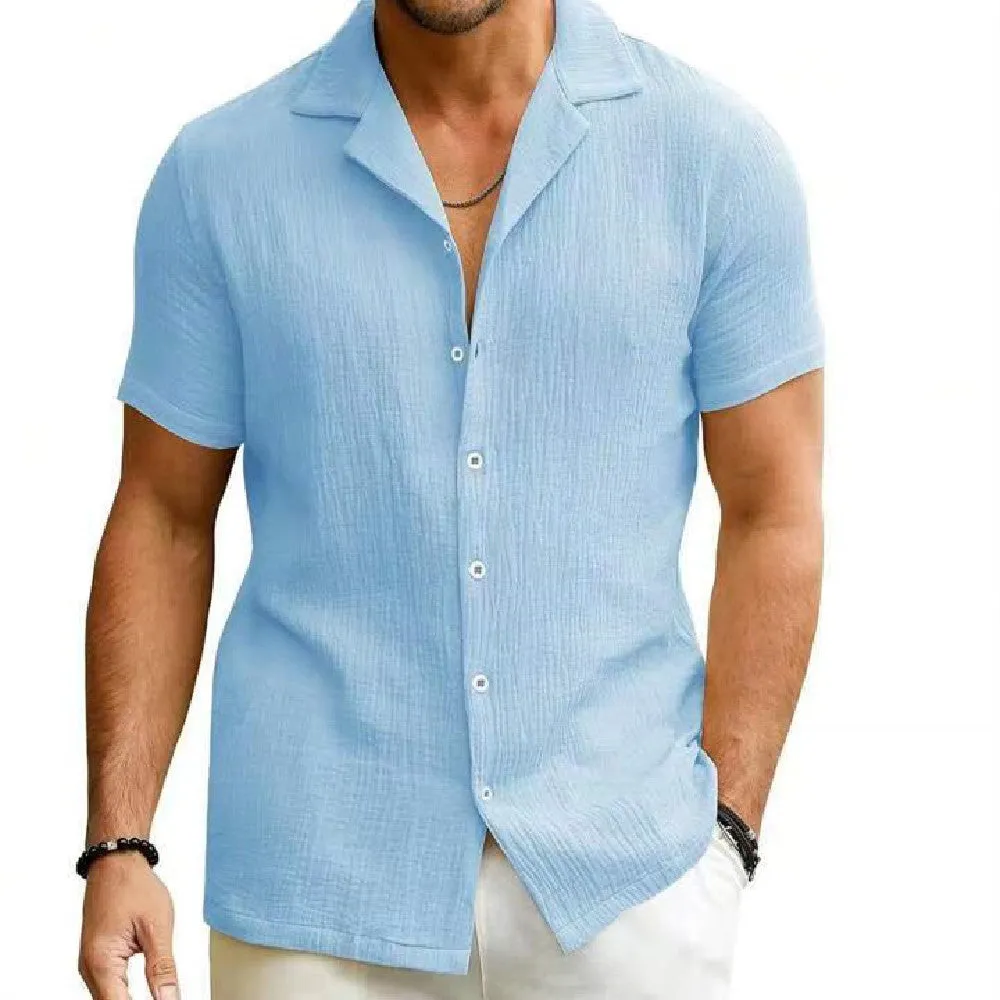 Men's Daily Casual Short Sleeve Cardigan Shirt Men's Solid Color Summer Lapels Shirt