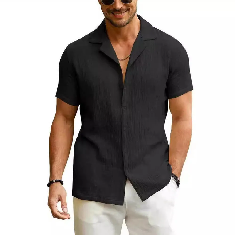 Men's Daily Casual Short Sleeve Cardigan Shirt Men's Solid Color Summer Lapels Shirt