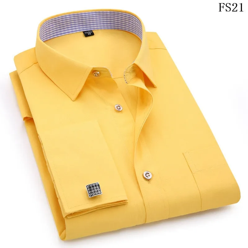 Men's French Cufflinks Long sleeves Shirts Black White Blue Yellow Lapel Male Business Dress shirt Fit Wedding Party Men Clothin