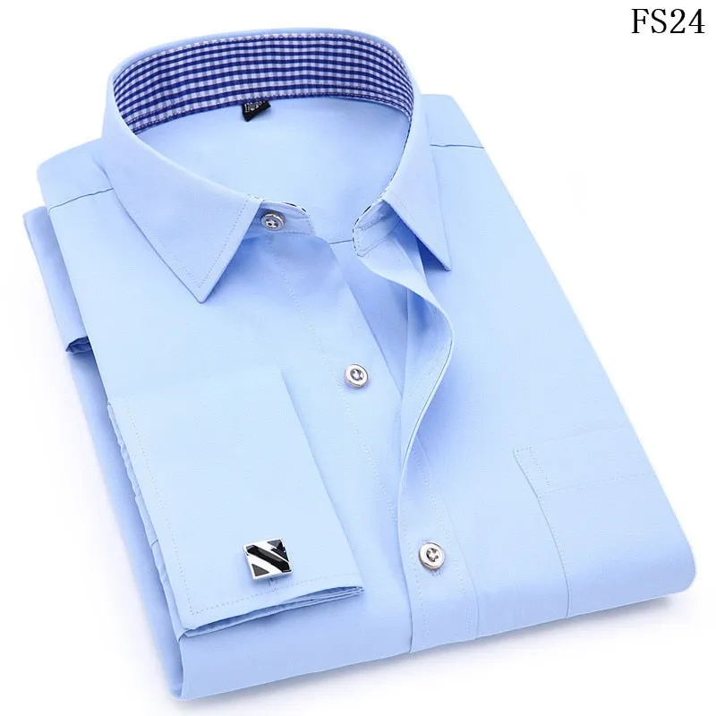 Men's French Cufflinks Long sleeves Shirts Black White Blue Yellow Lapel Male Business Dress shirt Fit Wedding Party Men Clothin