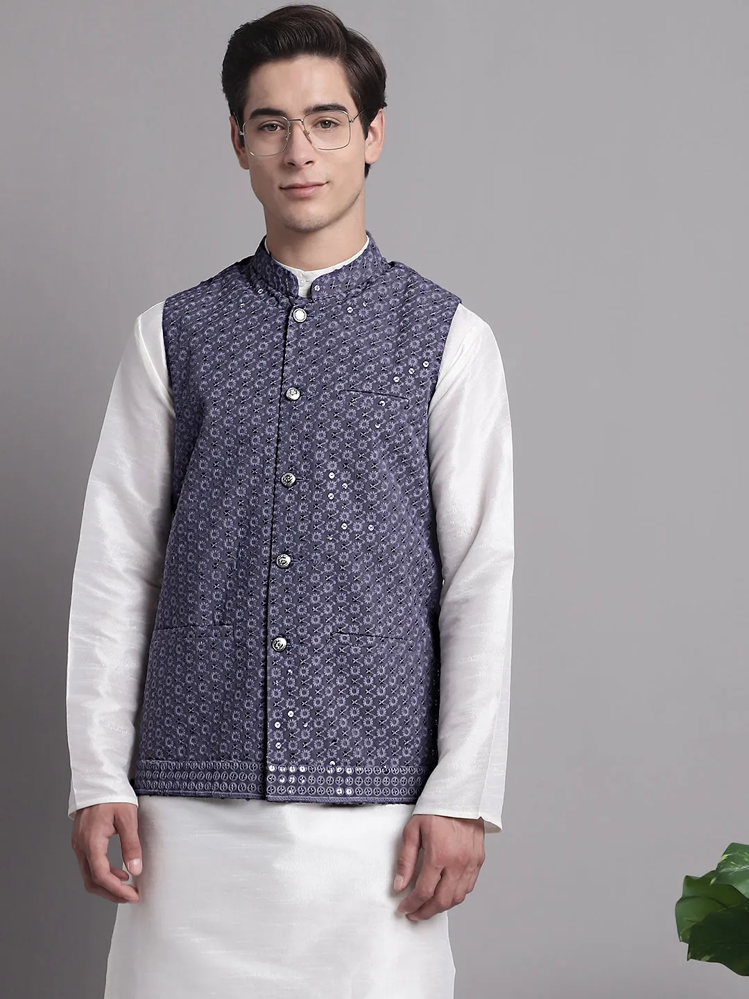 Men's Grey Sequins and Embroidred Nehru Jacket With Solid Kurta Pyjama.