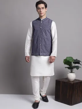 Men's Grey Sequins and Embroidred Nehru Jacket With Solid Kurta Pyjama.