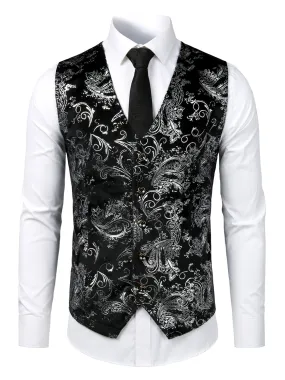 Mens Hipster Metallic Paisley Printed Single Breasted V-Neck Suit Vest/Tuxedo Waistcoat