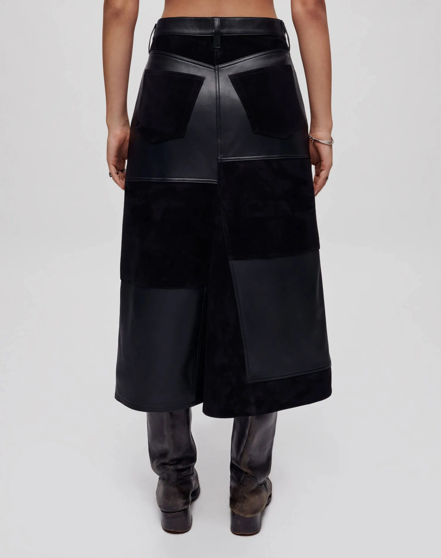 Mid Rise Leather Patchwork Skirt - Black Suede And Leather