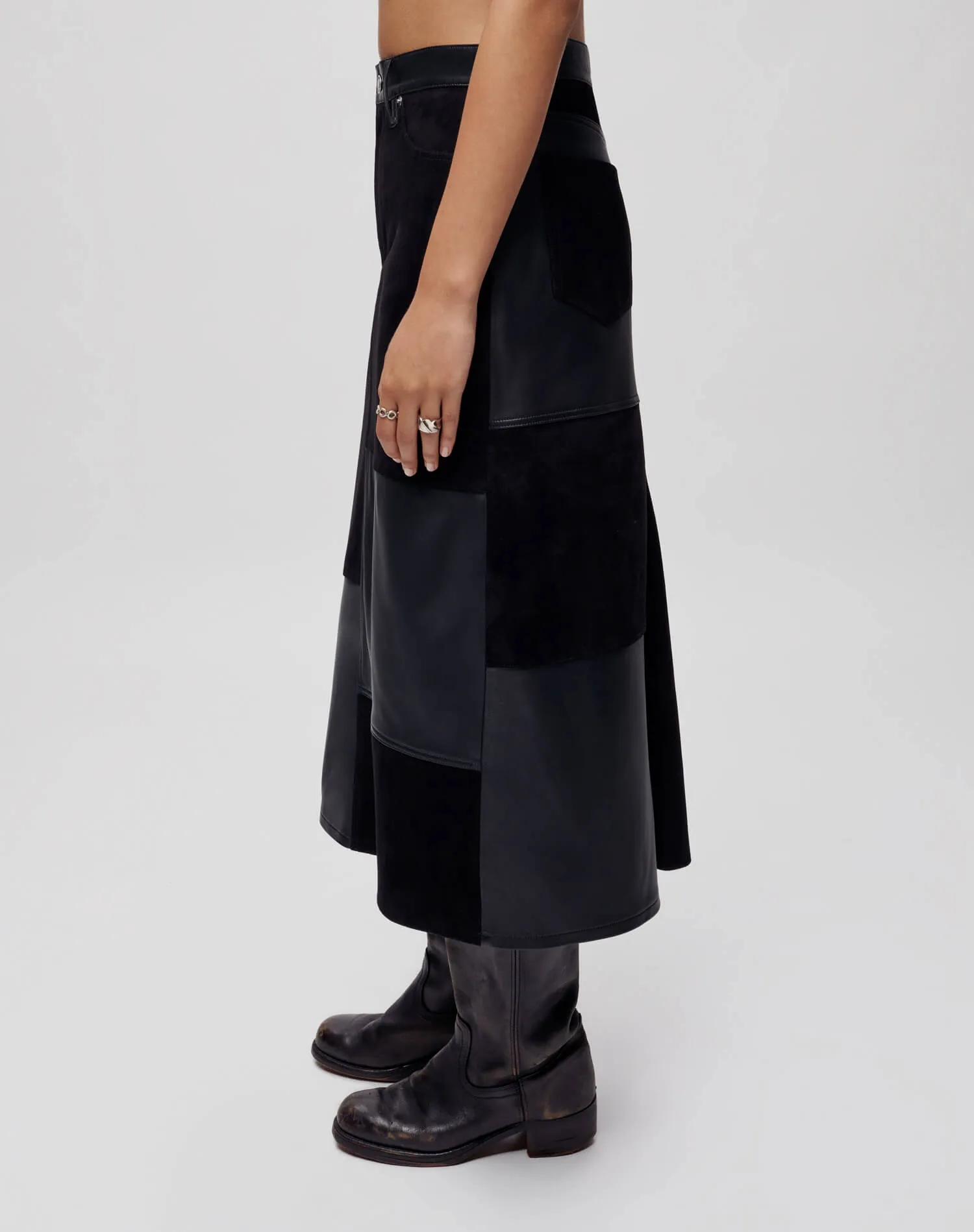 Mid Rise Leather Patchwork Skirt - Black Suede And Leather