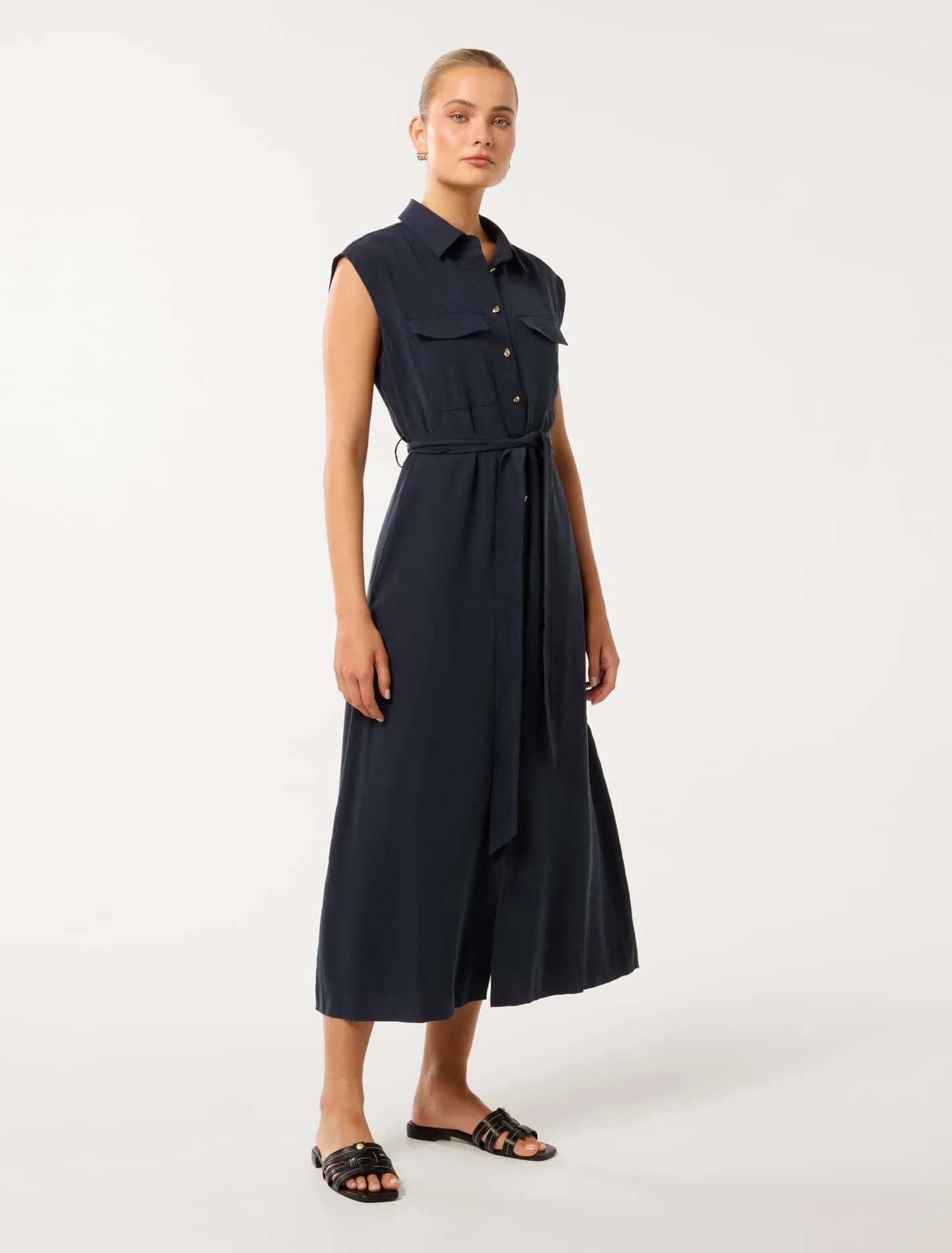 Mikayla Tie Belt Button Up Midi Dress