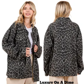 MittoShop Leopard Animal Cotton Denim Jacket Collared Boyfriend Jean Shacket