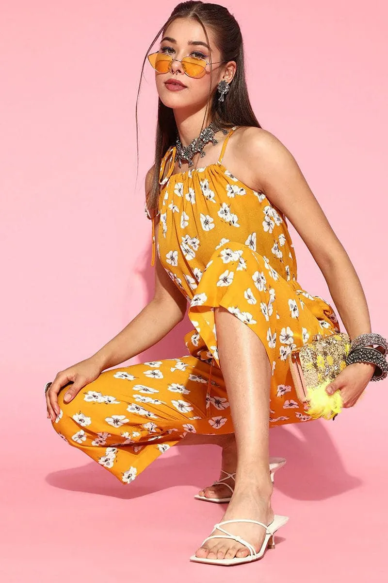 Mustard Polyester Sleeveless Floral Print Jumpsuit