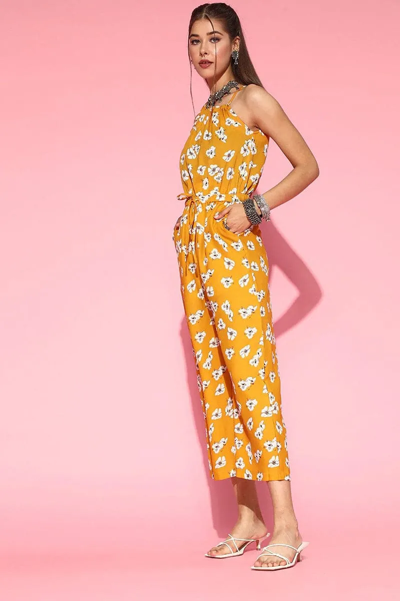 Mustard Polyester Sleeveless Floral Print Jumpsuit