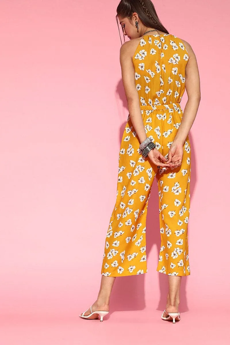 Mustard Polyester Sleeveless Floral Print Jumpsuit