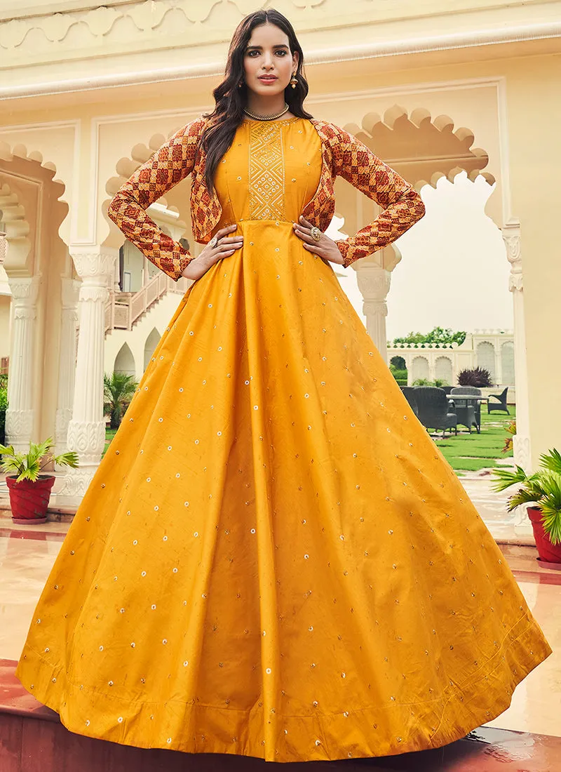 Mustard Yellow Sequence Embroidered Anarkali Gown With Jacket