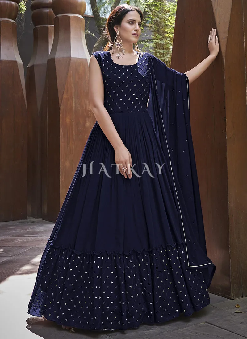 Navy Blue Embroidered Jacket Anarkali Gown